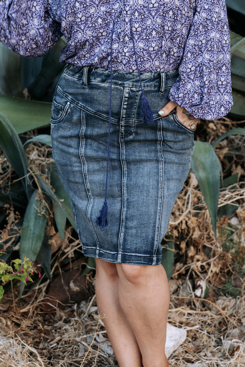 Doorbuster Leandra Distressed Denim Midi Skirt (Medium Blue) · NanaMacs